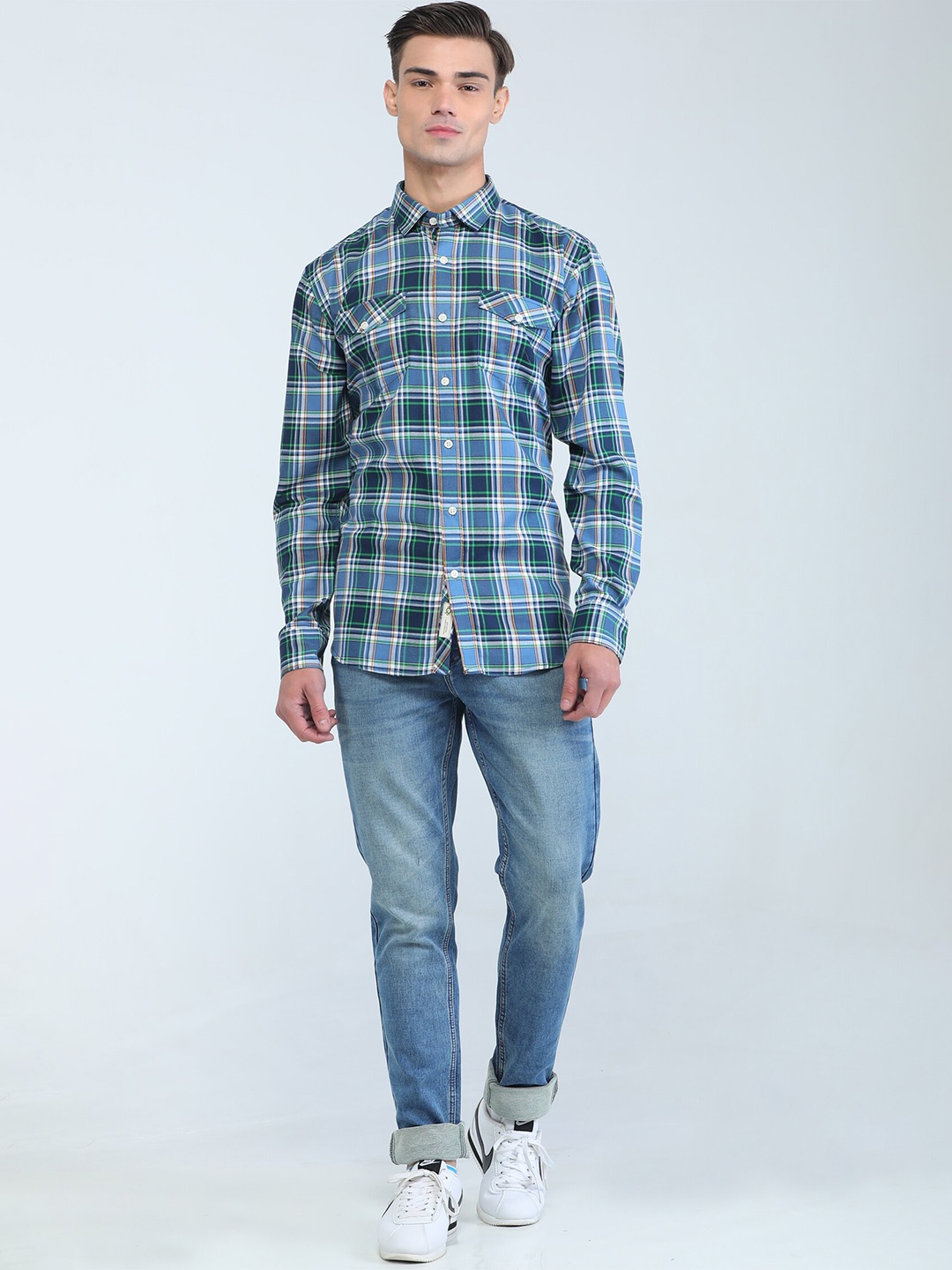 

TQS Tartan Checked Spread Collar Cotton Casual Shirt, Green