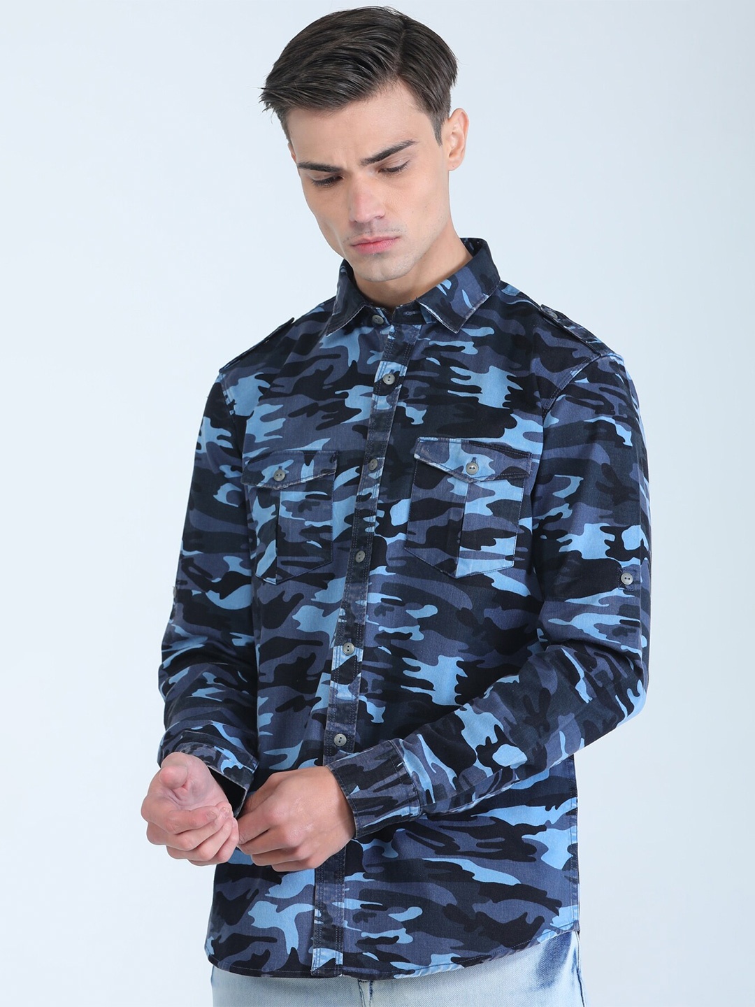

TQS Printed Spread Collar Cotton Casual Shirt, Blue