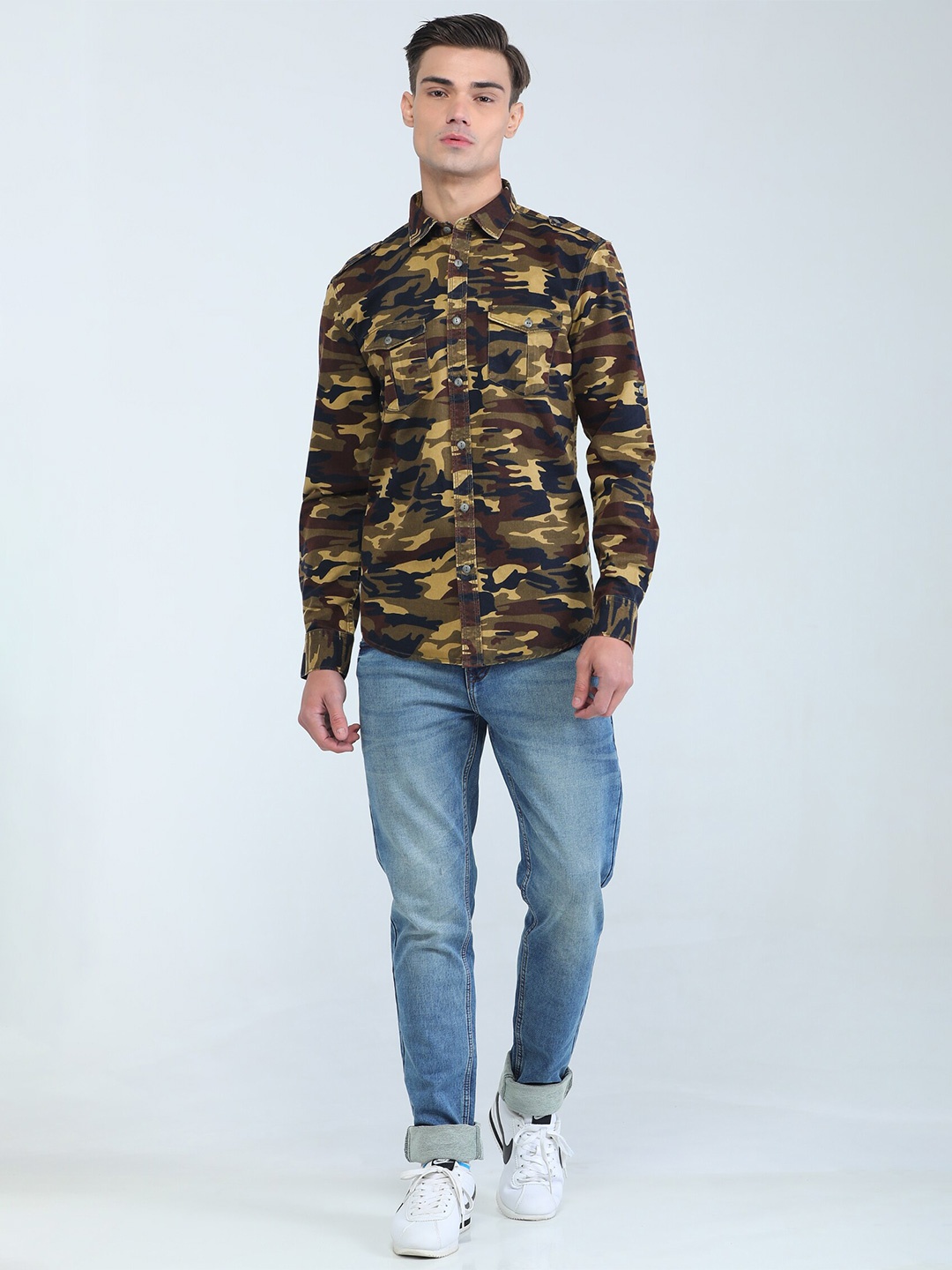 

TQS Printed Spread Collar Cotton Casual Shirt, Khaki