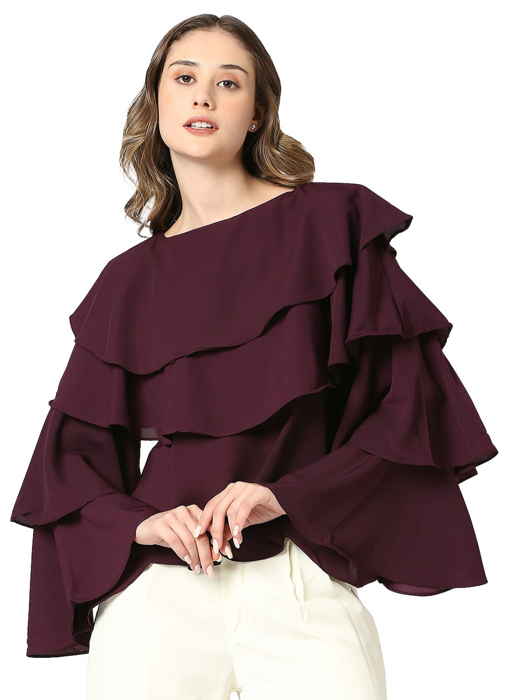 

AMMARZO Round Neck Flutter Sleeve Layered Regular Top, Purple