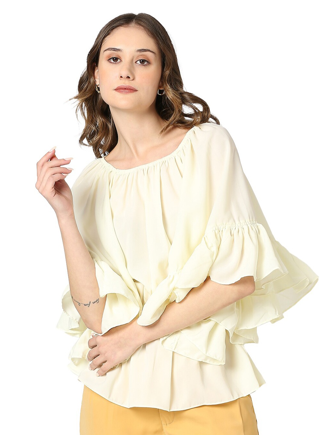 

AMMARZO Round Neck Flared Sleeve Top, Off white