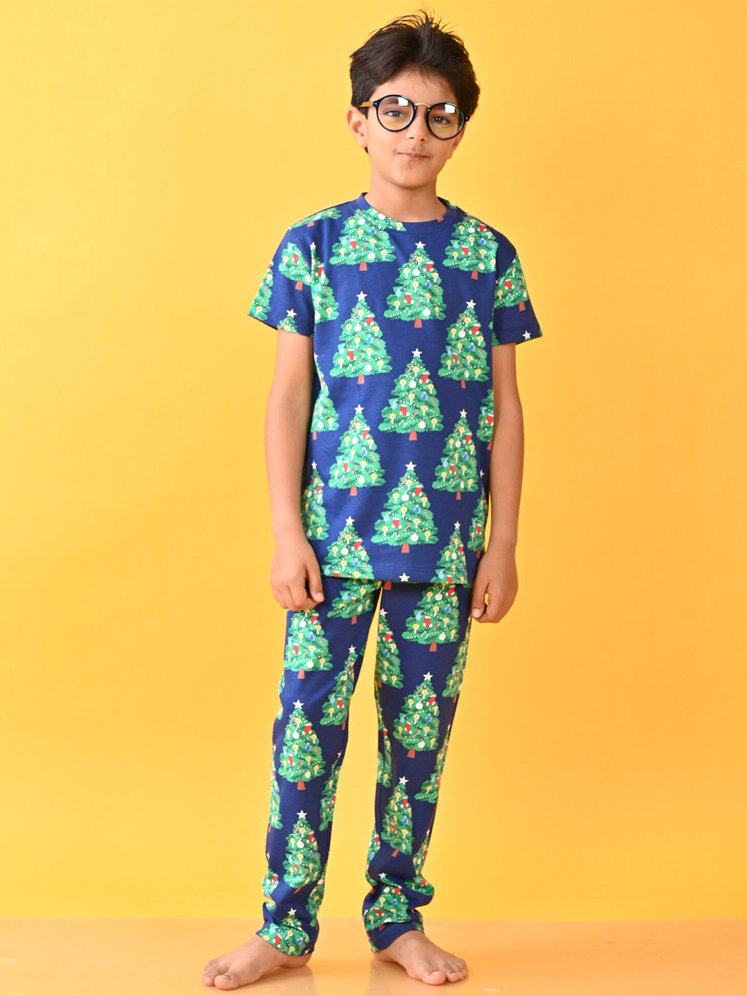 

Anthrilo Boys Christmas Tree Printed Cotton Night Suit, Blue
