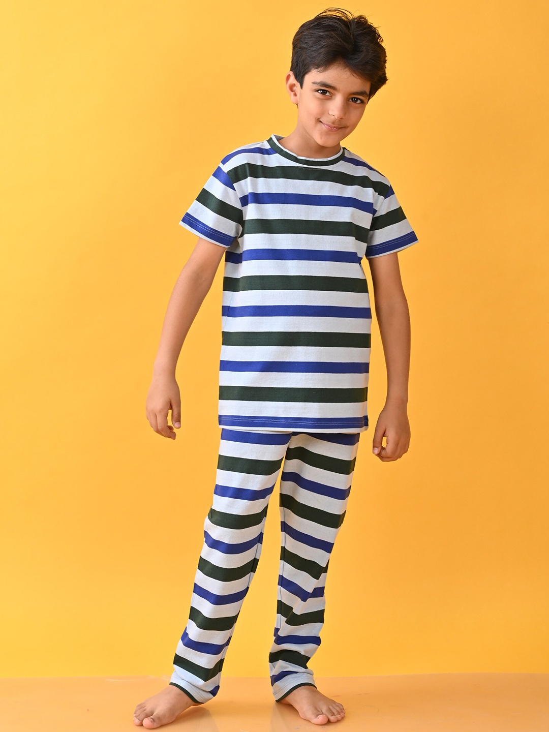 

Anthrilo Boys Striped Cotton T-shirt With Pyjamas, Blue