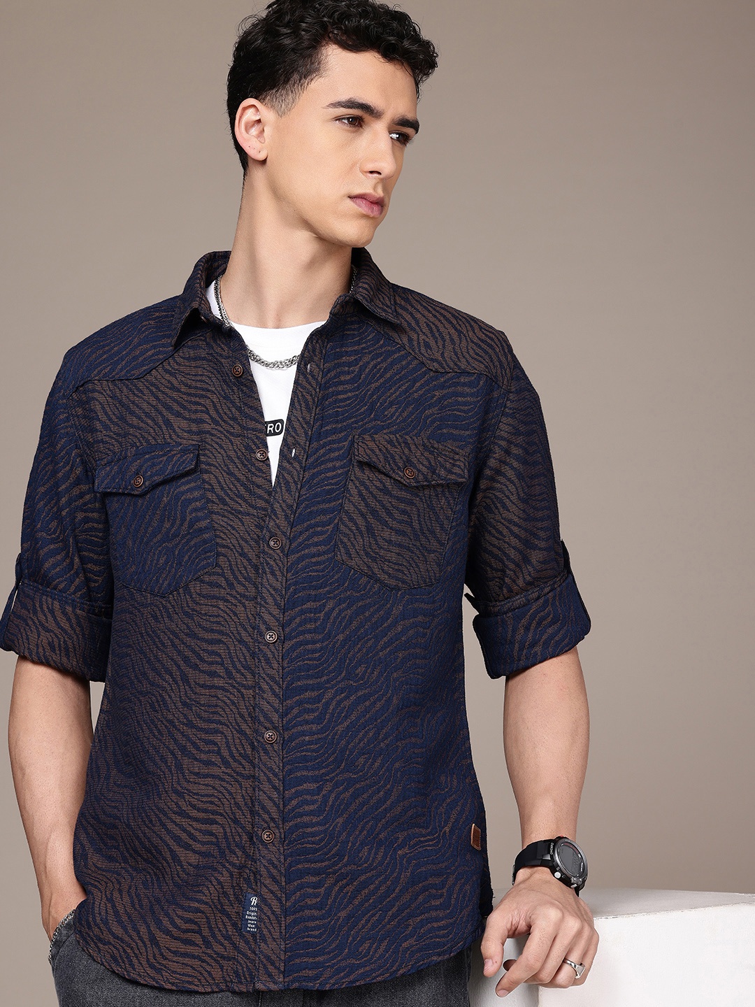 

The Roadster Life Co. Self Design Opaque Casual Shirt, Brown