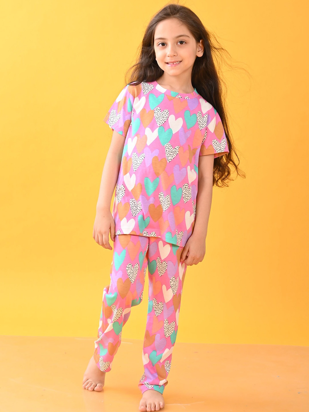 

Anthrilo Girls Heart Shape Printed Cotton Night Suit, Pink