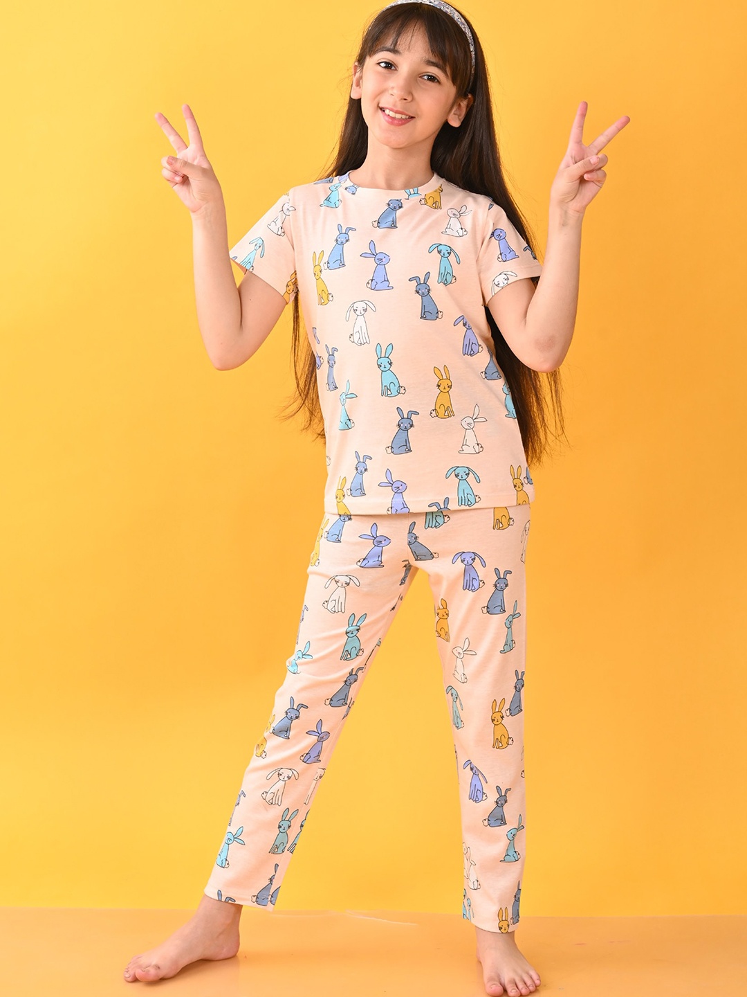 

Anthrilo Girls Bunny Printed Cotton Night Suit, Peach