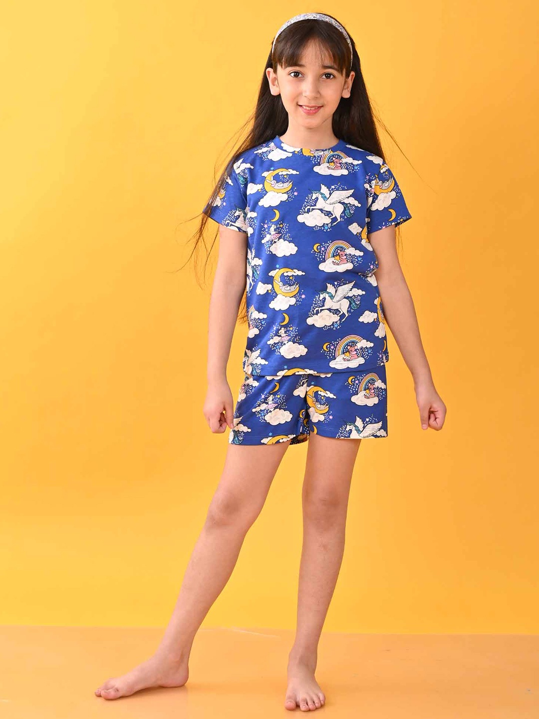 

Anthrilo Girls Unicorn Printed Cotton T-shirt & Shorts, Blue