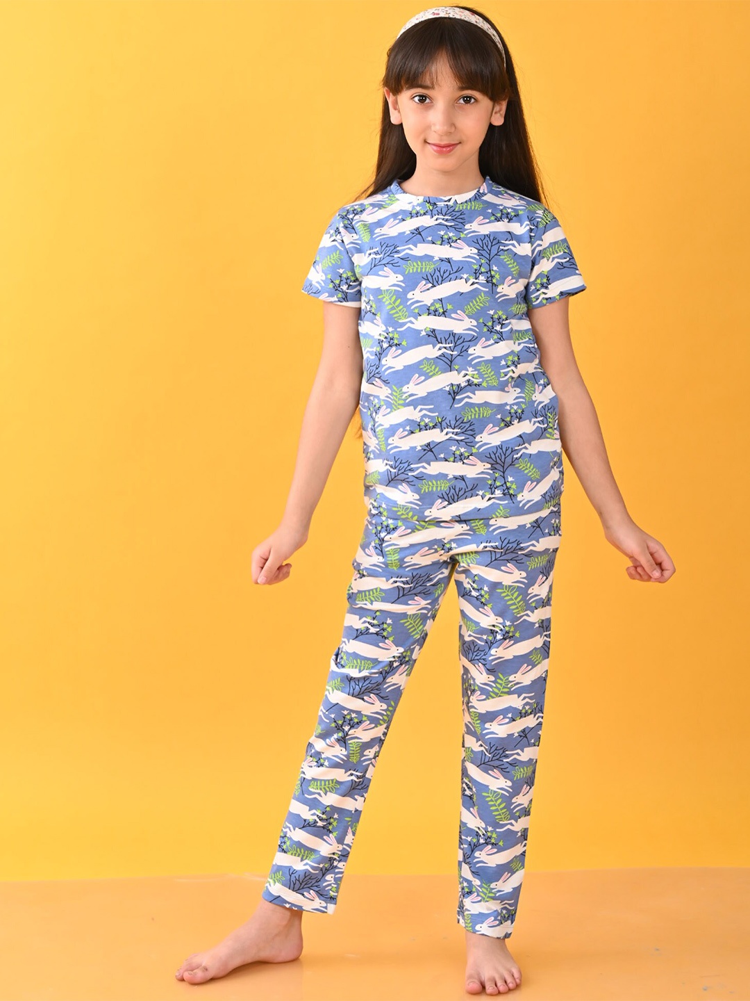 

Anthrilo Girls Rabbit Printed Cotton Night Suit, Blue