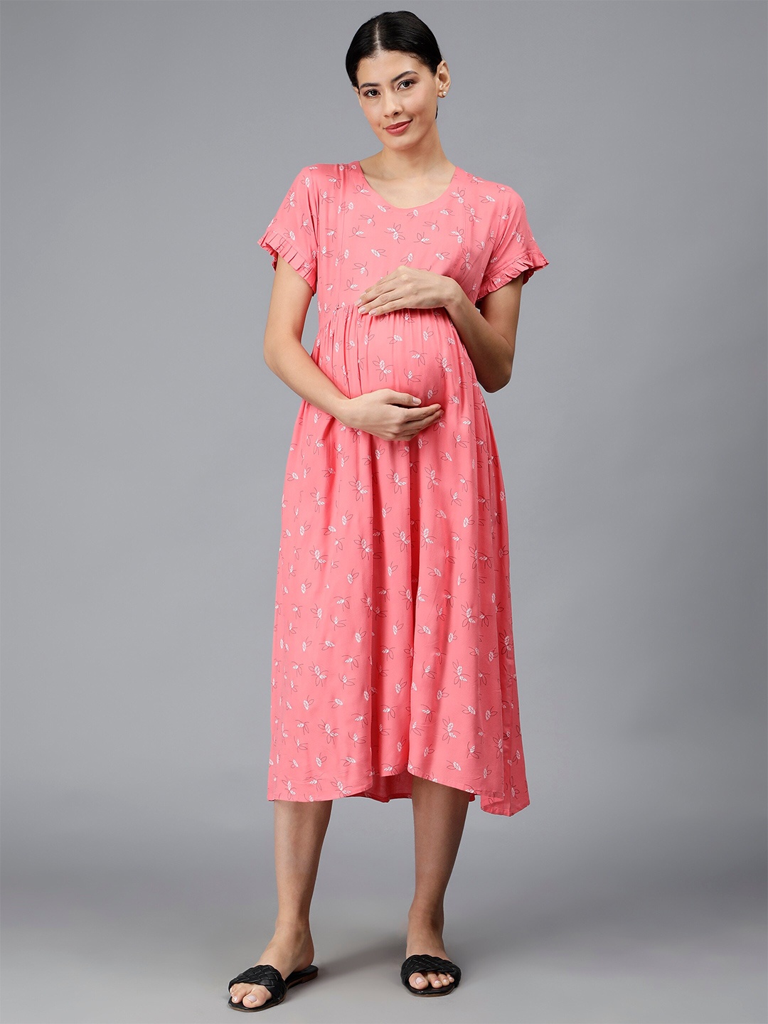 

NIGHTSPREE Ethnic Motifs Printed Round Neck Maternity A-Line Midi Dress, Peach