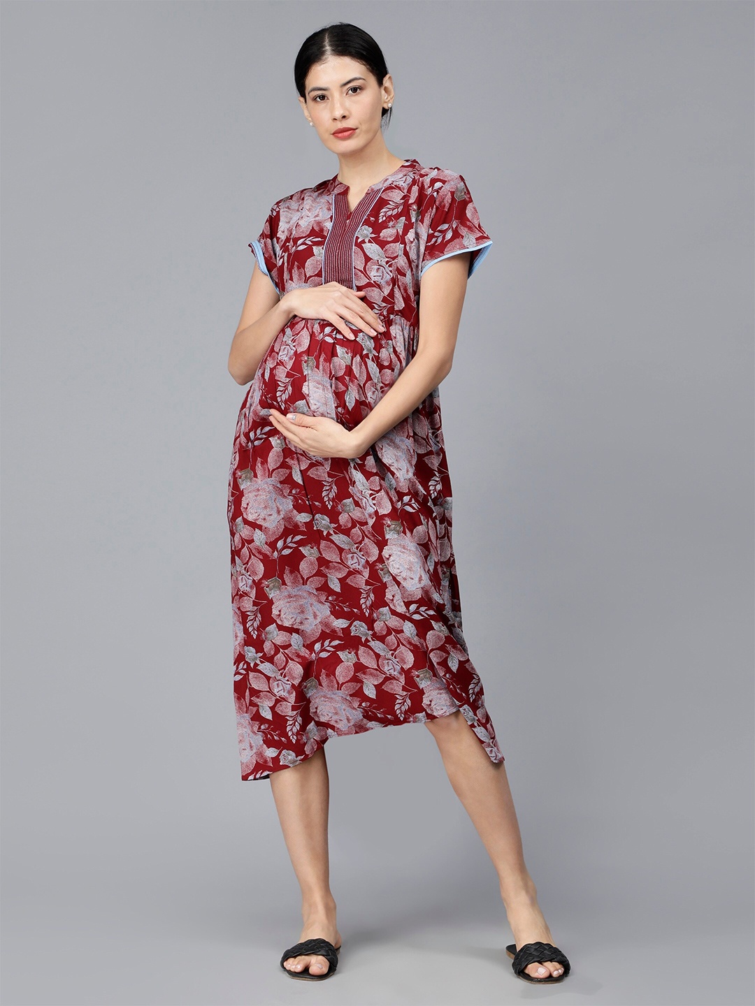 

NIGHTSPREE Floral Printed Maternity A-Line Midi Dress, Maroon