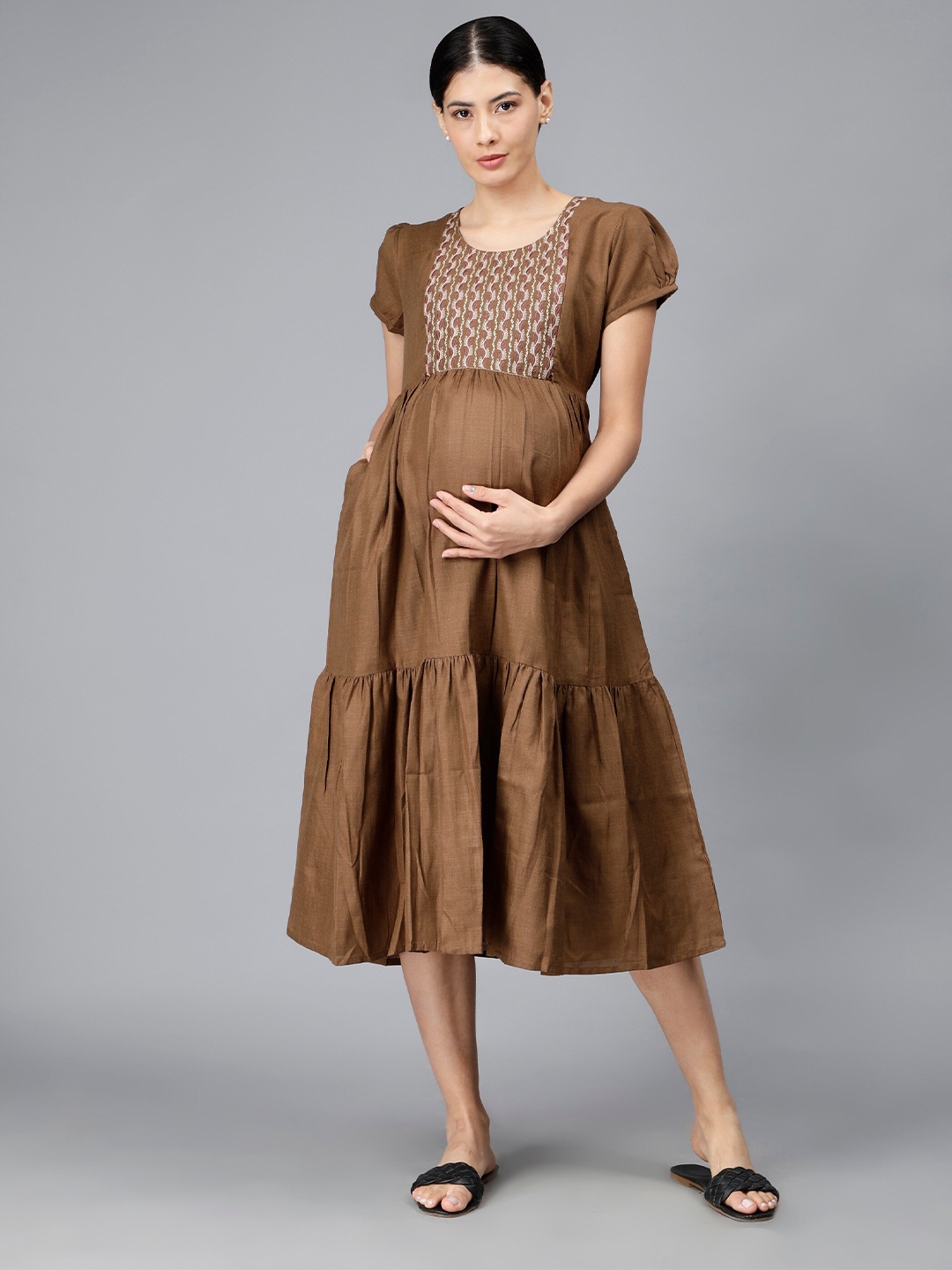 

NIGHTSPREE Embroidered Maternity A-Line Midi Dress, Brown