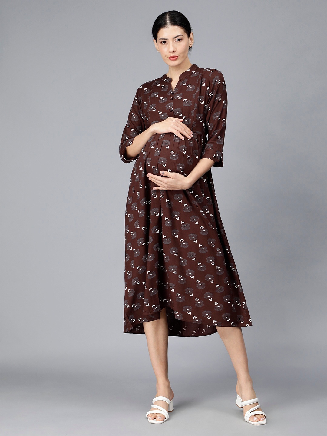 

NIGHTSPREE Floral Printed Mandarin Collar Maternity A-Line Midi Dress, Brown