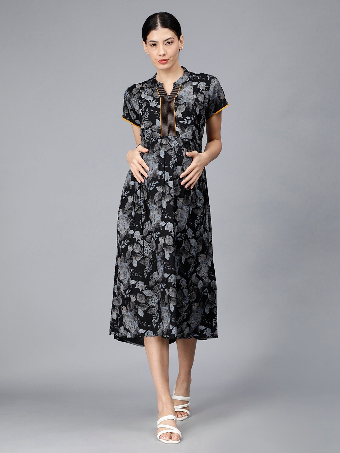 

NIGHTSPREE Floral Printed Maternity A-Line Midi Dress, Black