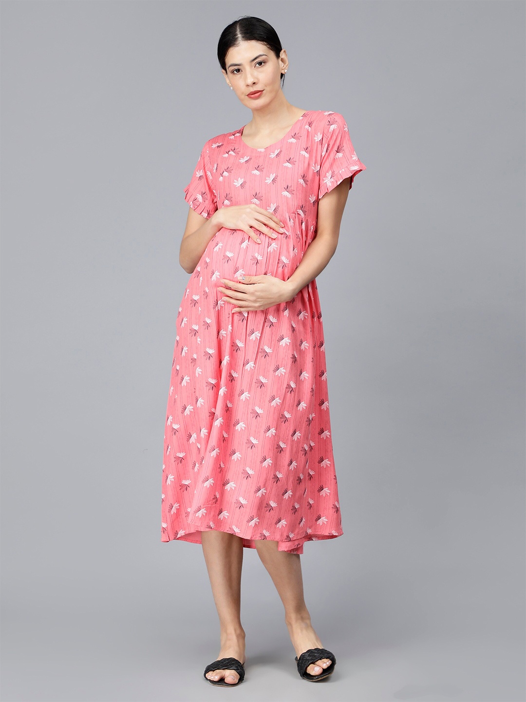 

NIGHTSPREE Conversational Printed Cotton Maternity A-Line Midi Dress, Peach