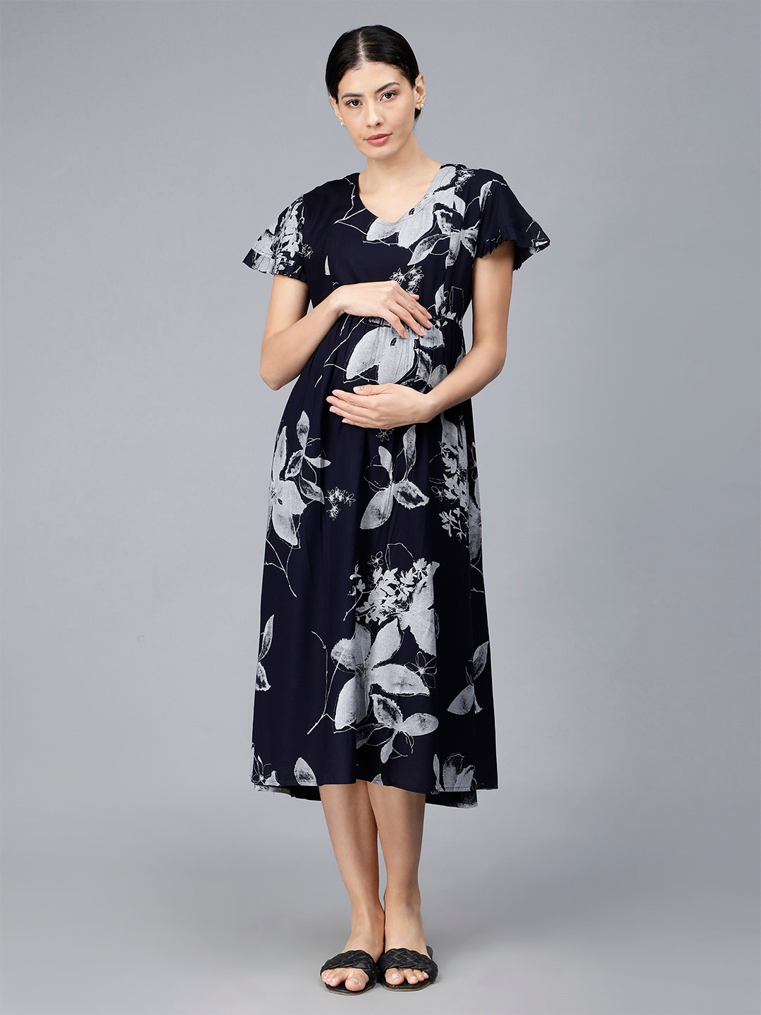 

NIGHTSPREE Floral Printed Maternity Fit & Flare Midi Dress, Navy blue