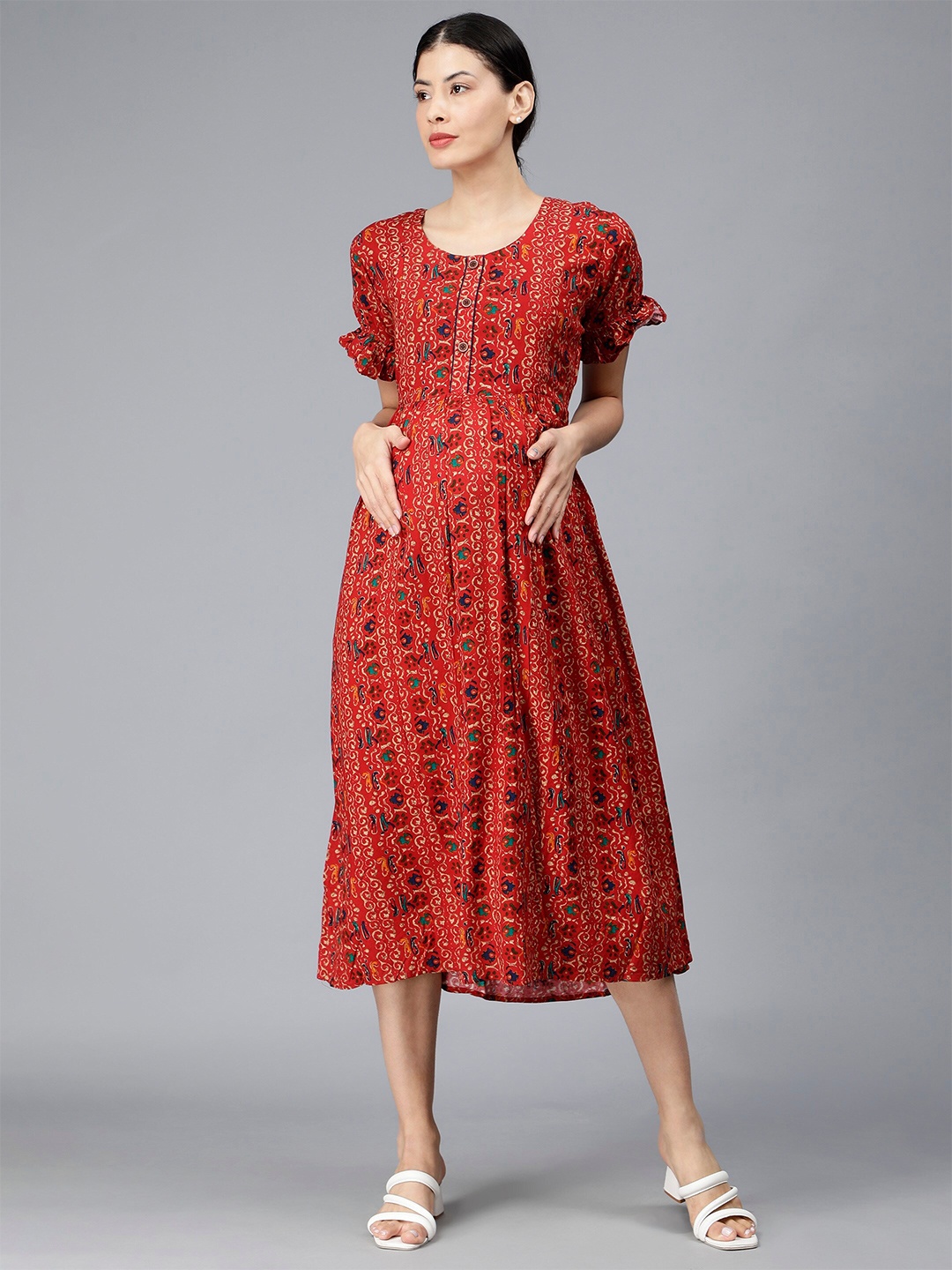 

NIGHTSPREE Ethnic Motifs Printed Round Neck Maternity A-Line Midi Dress, Red