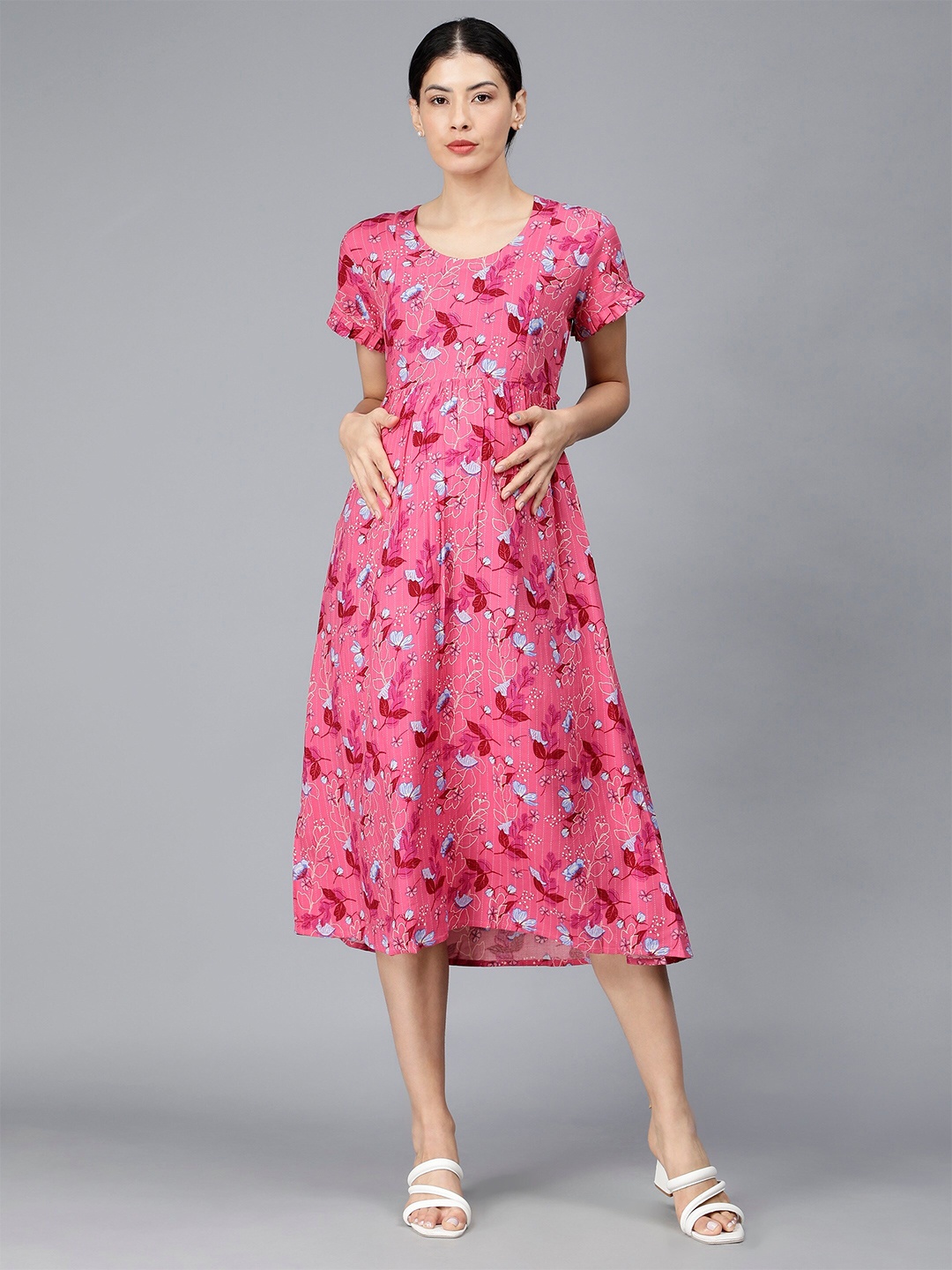 

NIGHTSPREE Floral Printed Round Neck Fit & Flare Maternity Midi Dress, Pink
