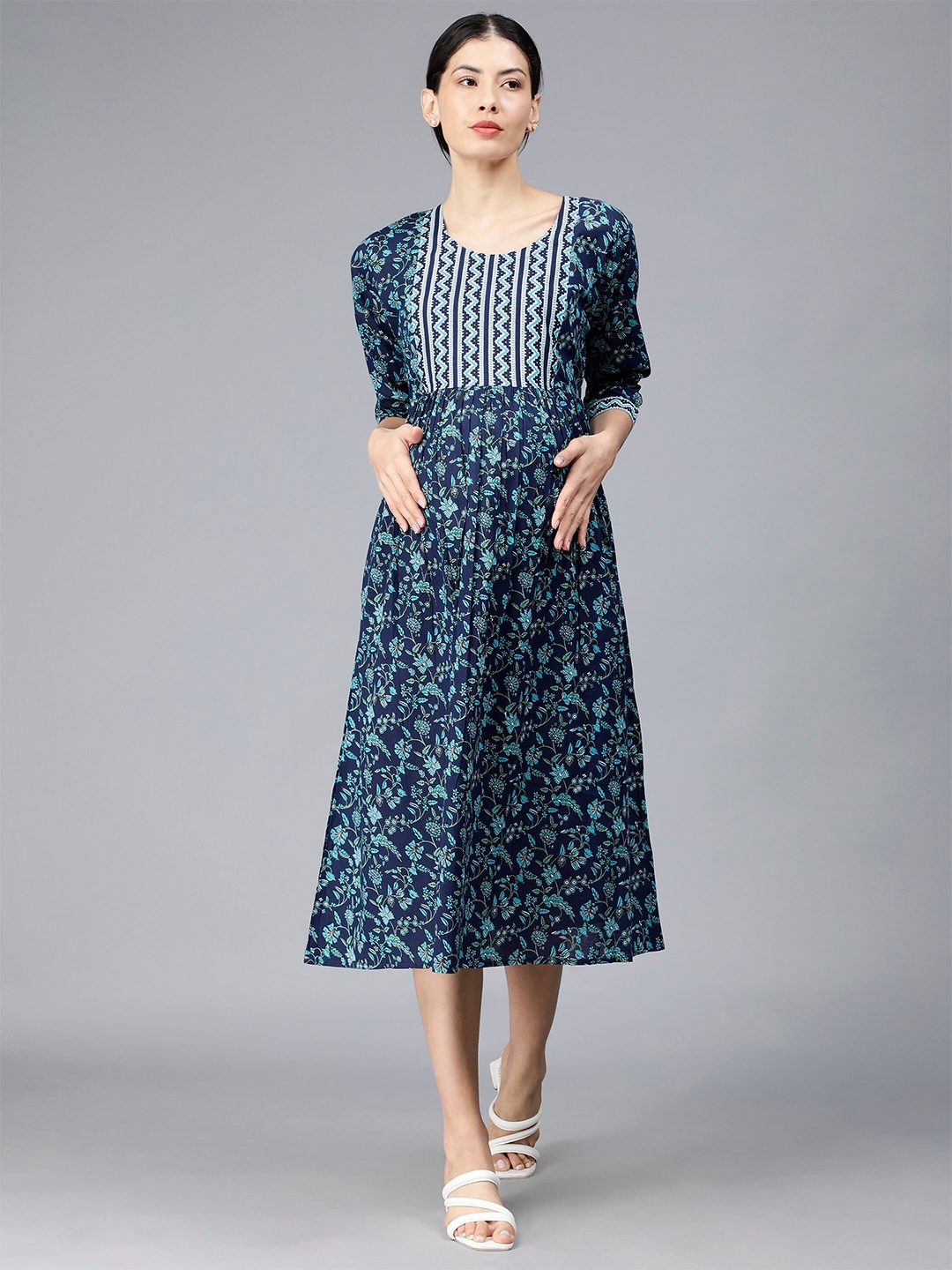 

NIGHTSPREE Floral Printed Round Neck Puff Sleeve Cotton Maternity A-Line Midi Dress, Blue