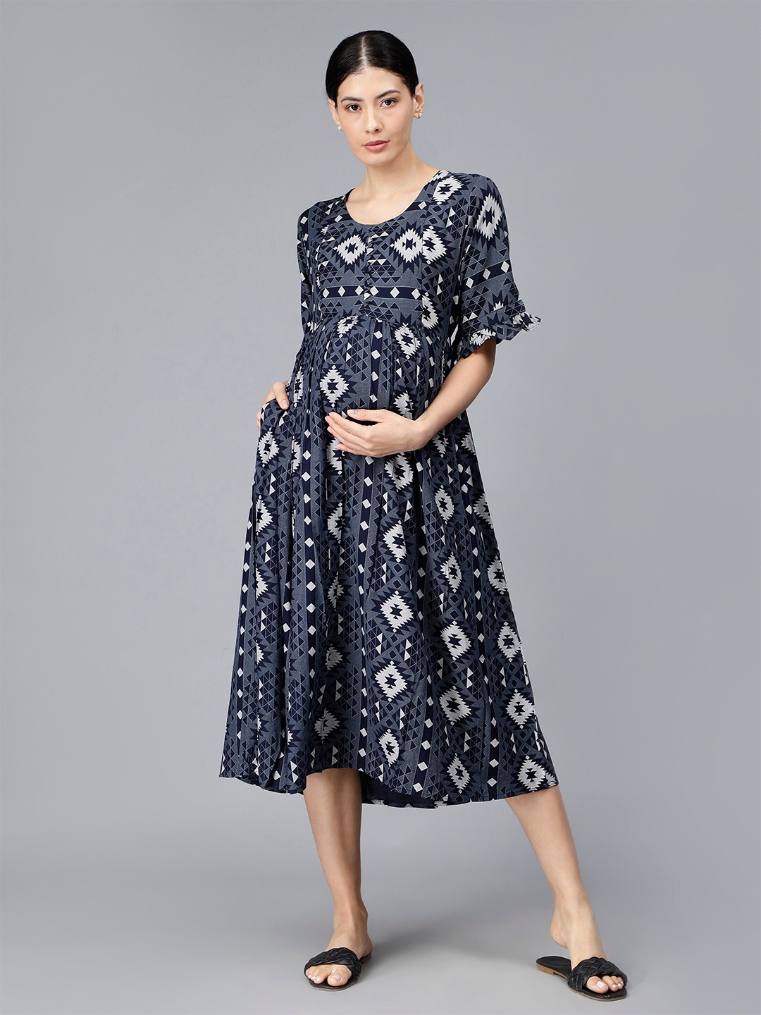 

NIGHTSPREE Ethnic Motifs Print Maternity Fit & Flare Midi Dress, Navy blue