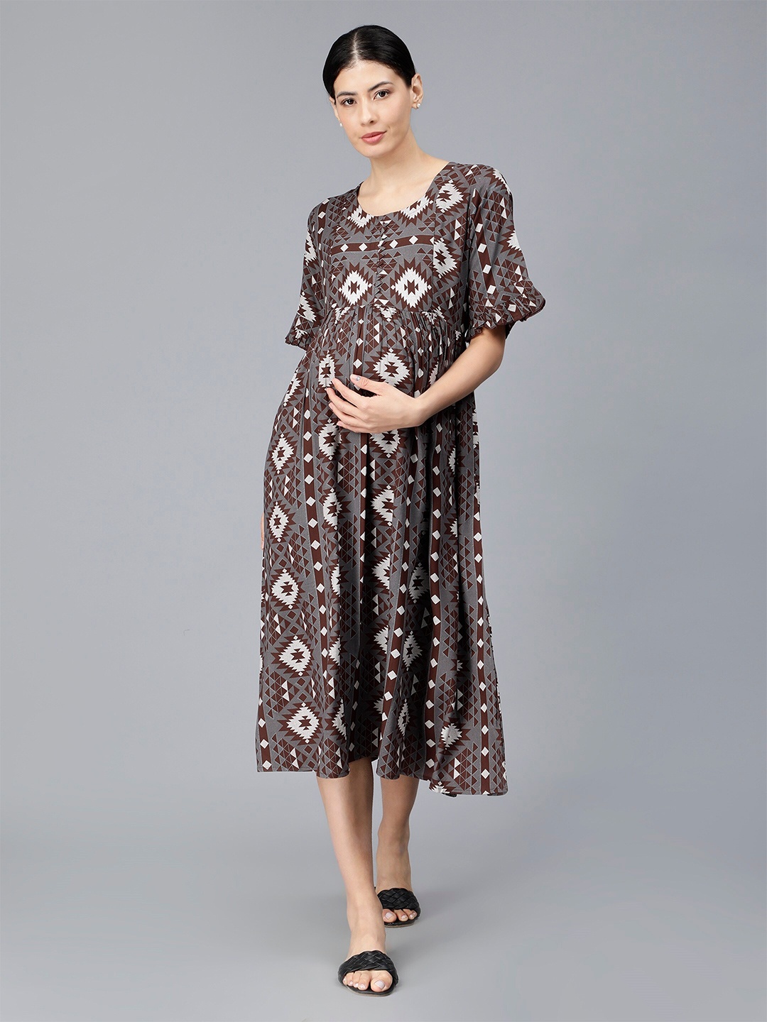 

NIGHTSPREE Ethnic Motifs Print Bell Sleeve Maternity Fit & Flare Midi Dress, Brown