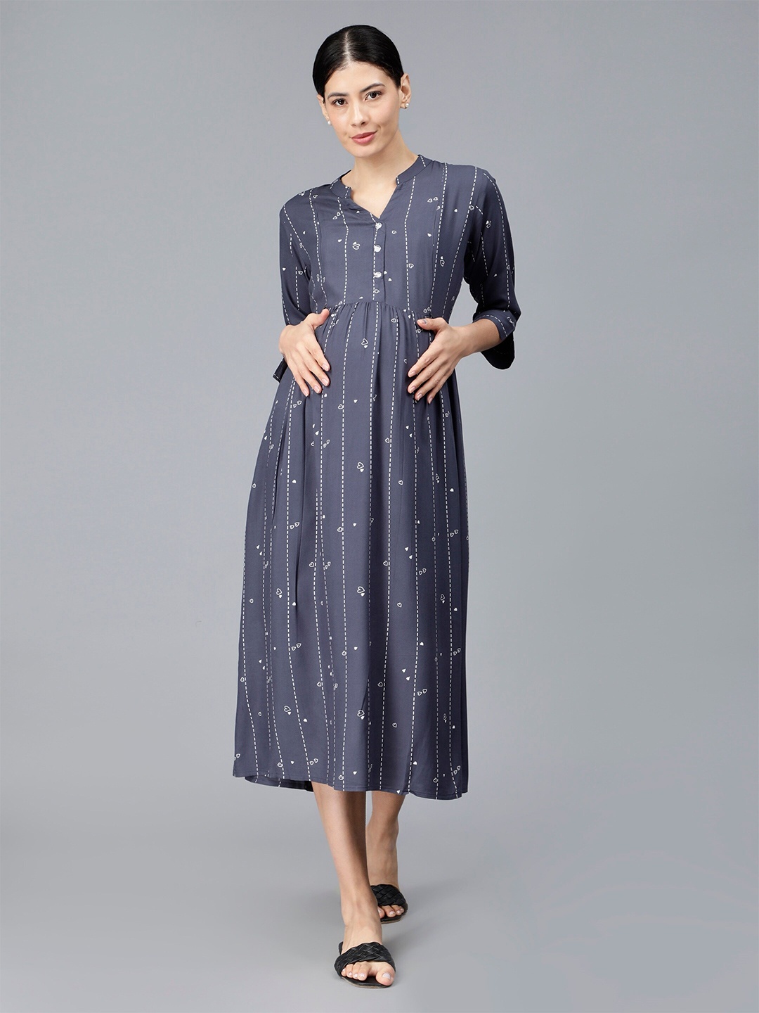 

NIGHTSPREE Striped Mandarin Collar Maternity A-Line Midi Dress, Grey