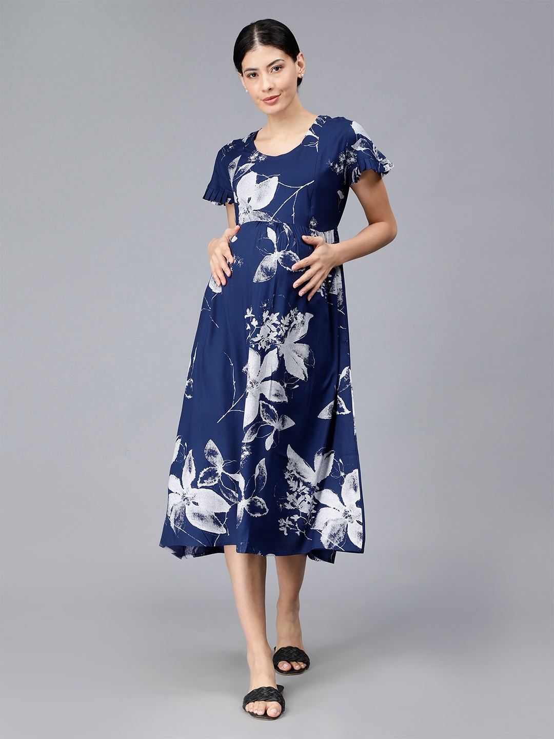 

NIGHTSPREE Floral Printed Round Neck Maternity A-Line Midi Dress, Blue