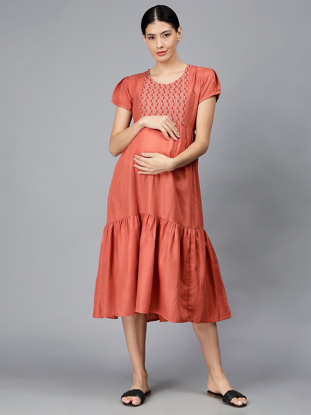 

NIGHTSPREE Round Neck Cotton Maternity A-Line Midi Dress, Rust