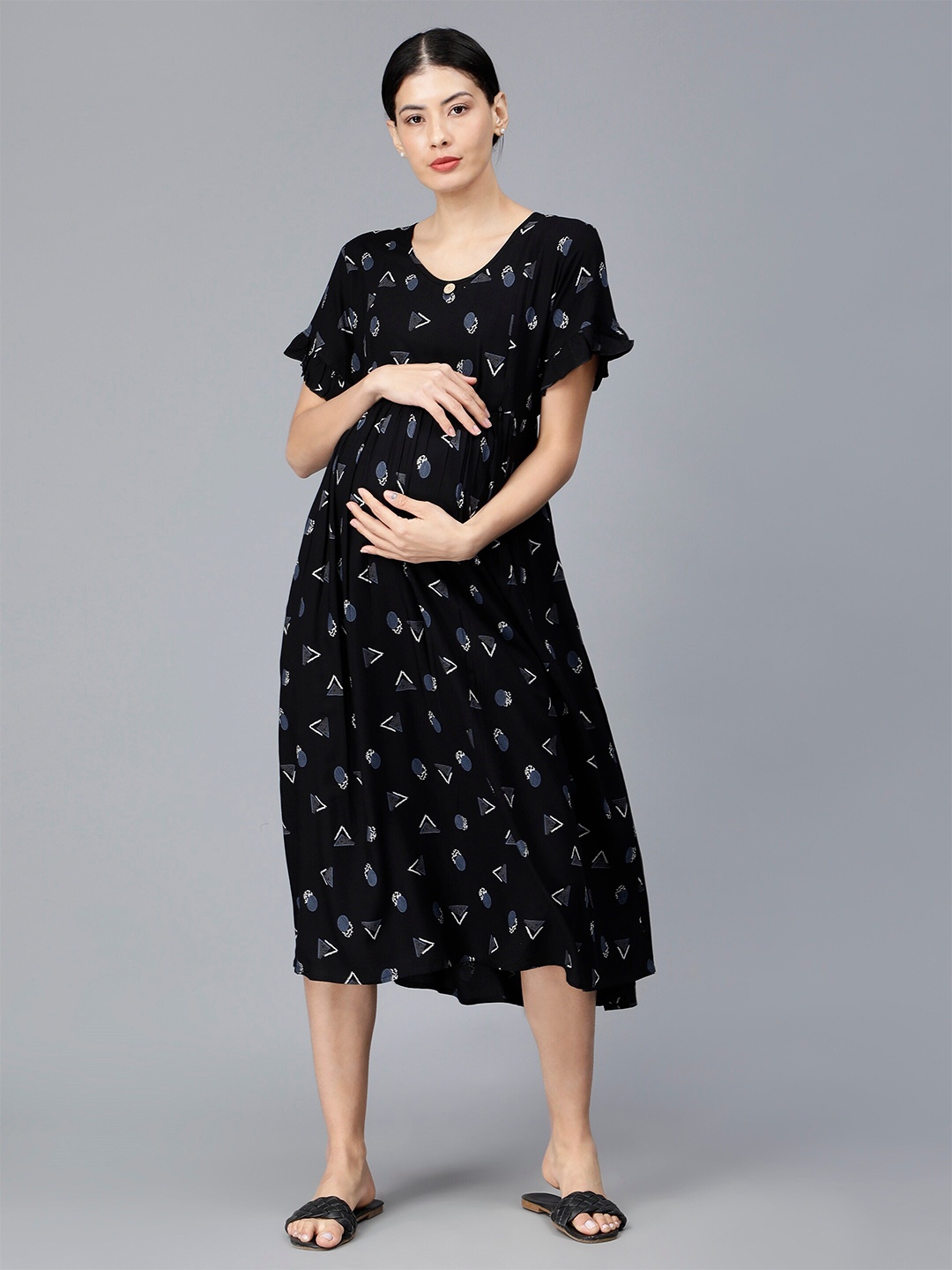 

NIGHTSPREE Floral Printed Flared Sleeve Maternity A-Line Midi Dress, Black