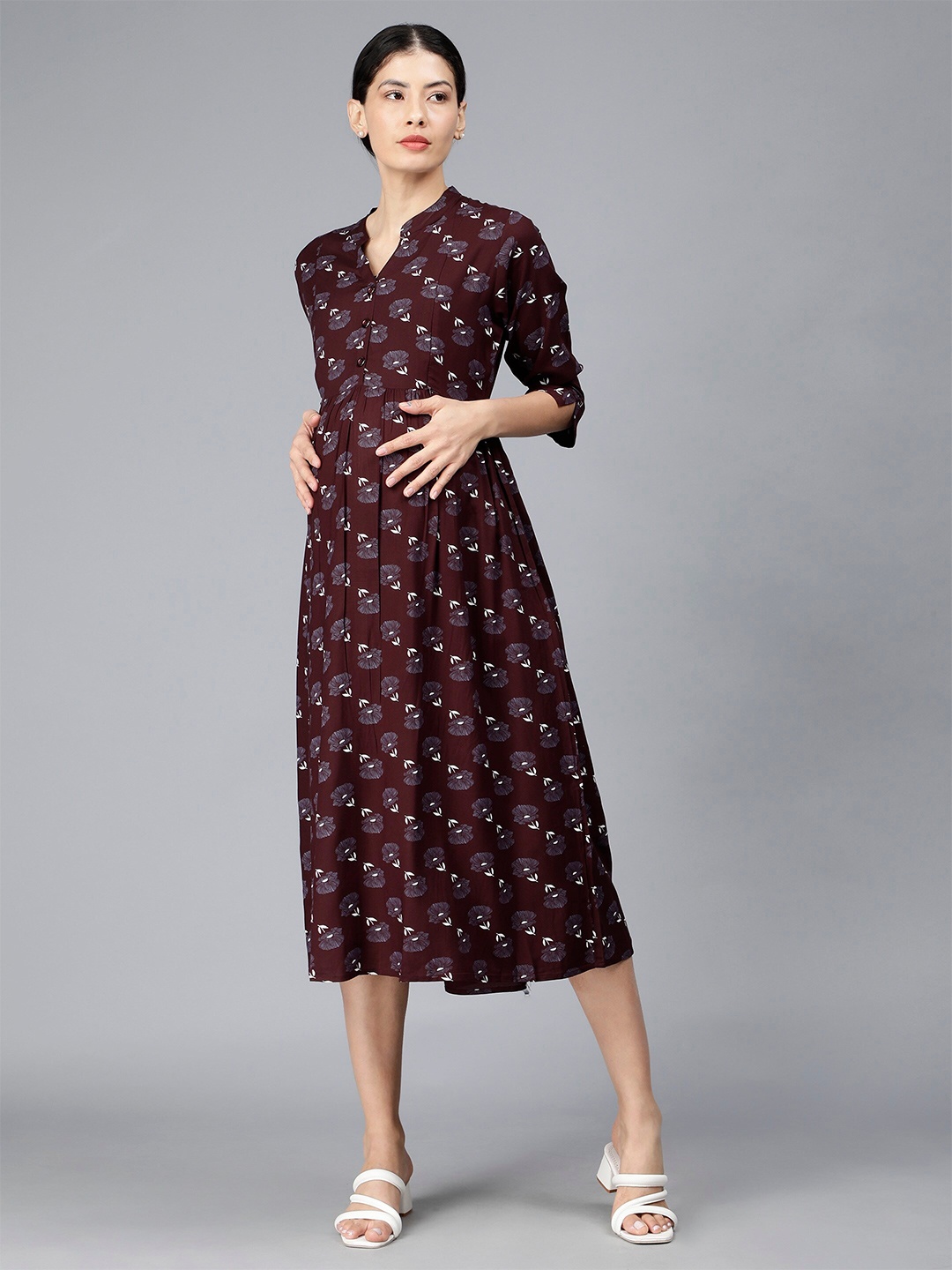 

NIGHTSPREE Floral Printed V Neck Maternity Fit & Flare Midi Dress, Maroon