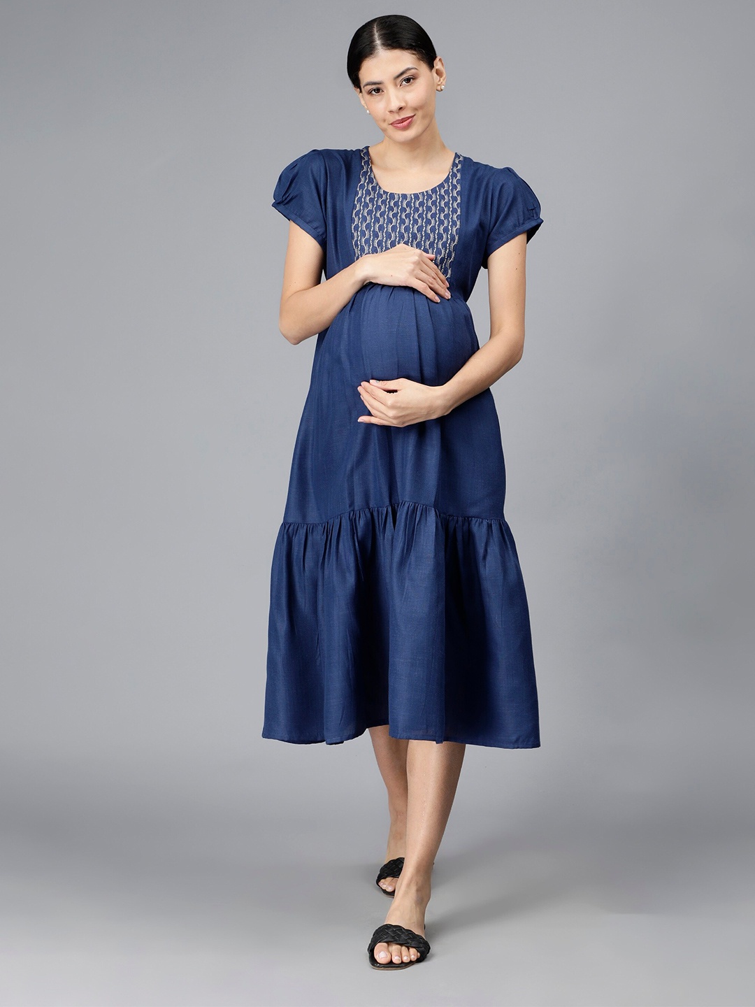

NIGHTSPREE Maternity Round Neck Short Puff Sleeves Tiered Cotton A-Line Midi Dress, Blue