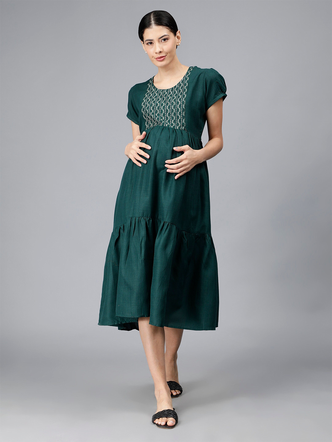 

NIGHTSPREE Embroidered Yoke Design Puff Sleeve Cotton Maternity Fit & Flare Midi Dress, Green