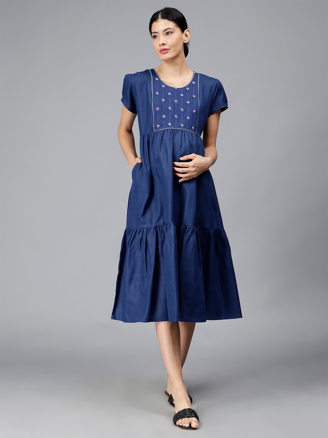 

NIGHTSPREE Floral Embroidered Maternity A-Line Midi Dress, Blue