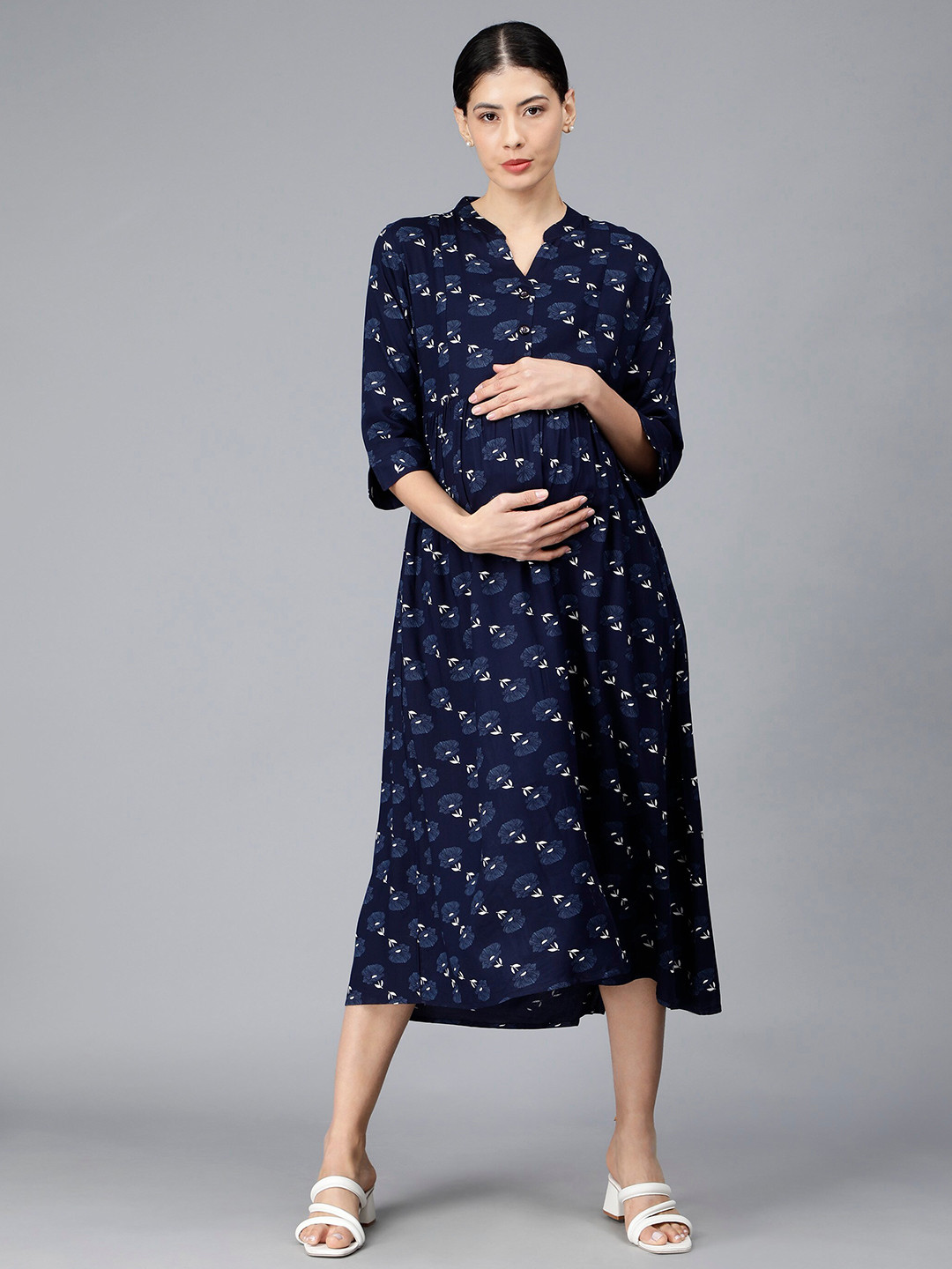 

NIGHTSPREE Floral Printed Maternity A-Line Midi Dress, Blue