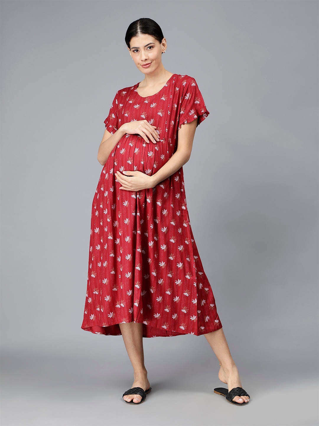 

NIGHTSPREE Floral Print Maternity Cotton Fit & Flare Midi Dress, Red