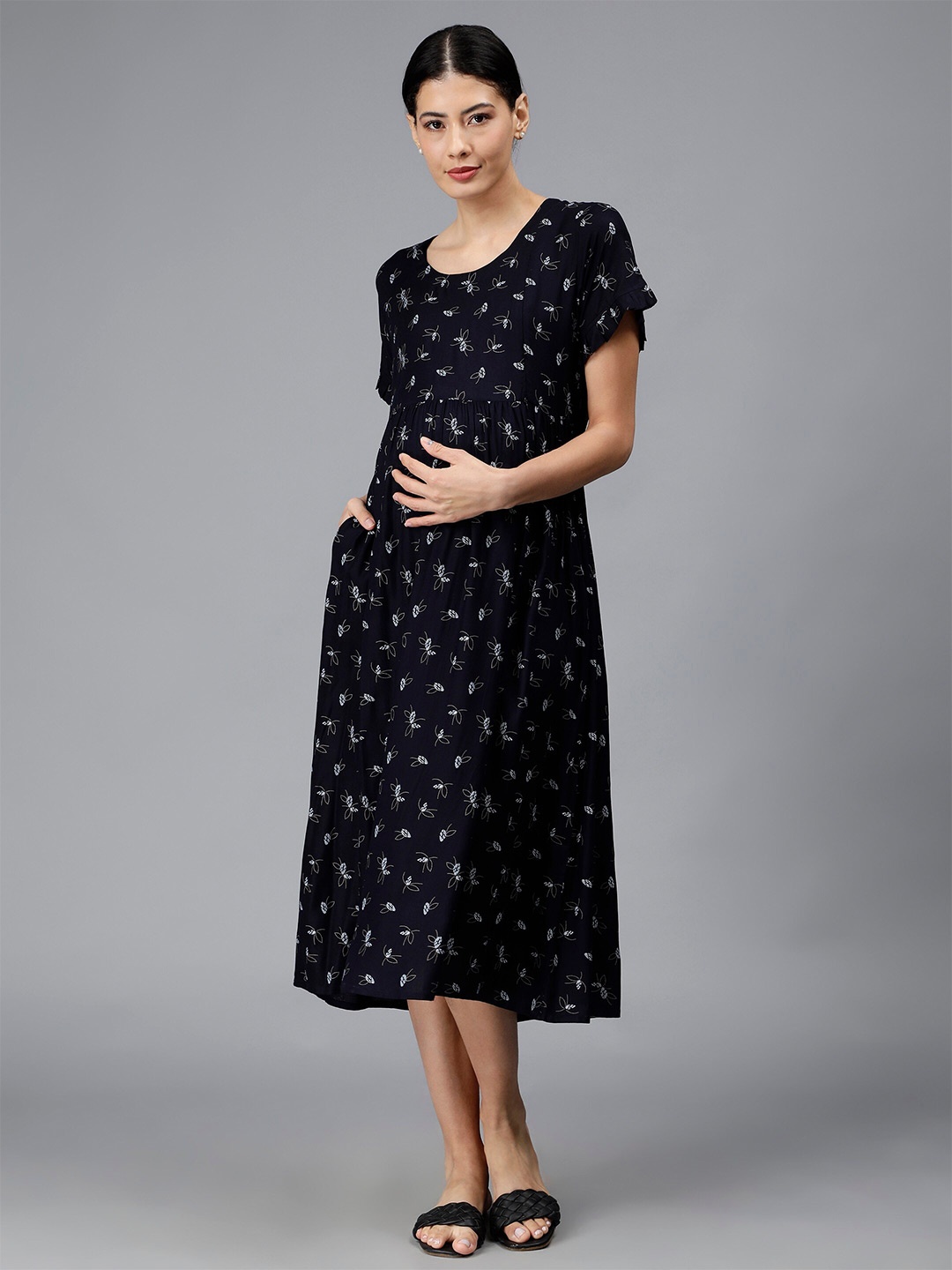

NIGHTSPREE Printed Maternity A-Line Midi Dress, Navy blue
