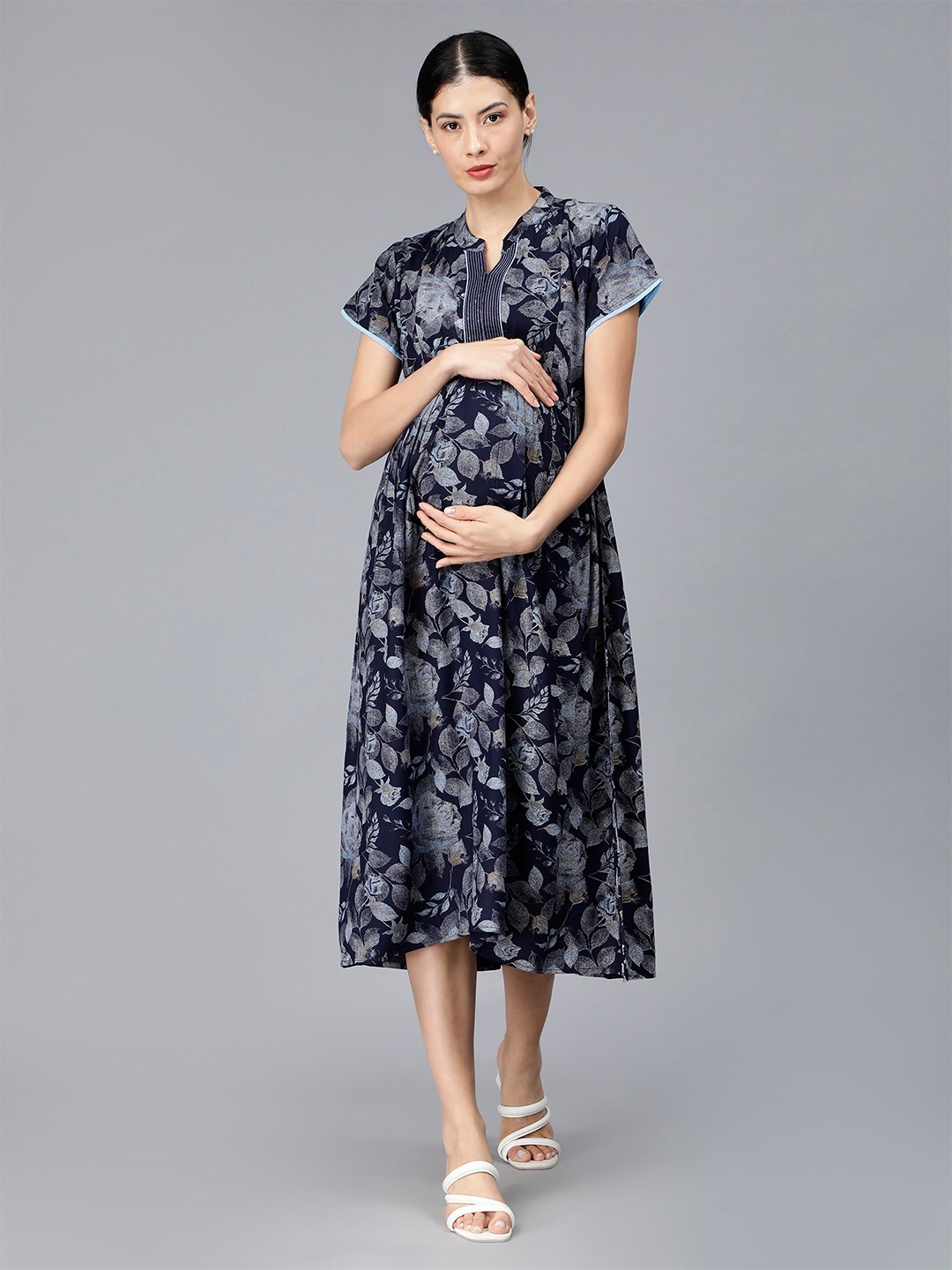 

NIGHTSPREE Floral Printed Maternity A-Line Midi Dress, Navy blue