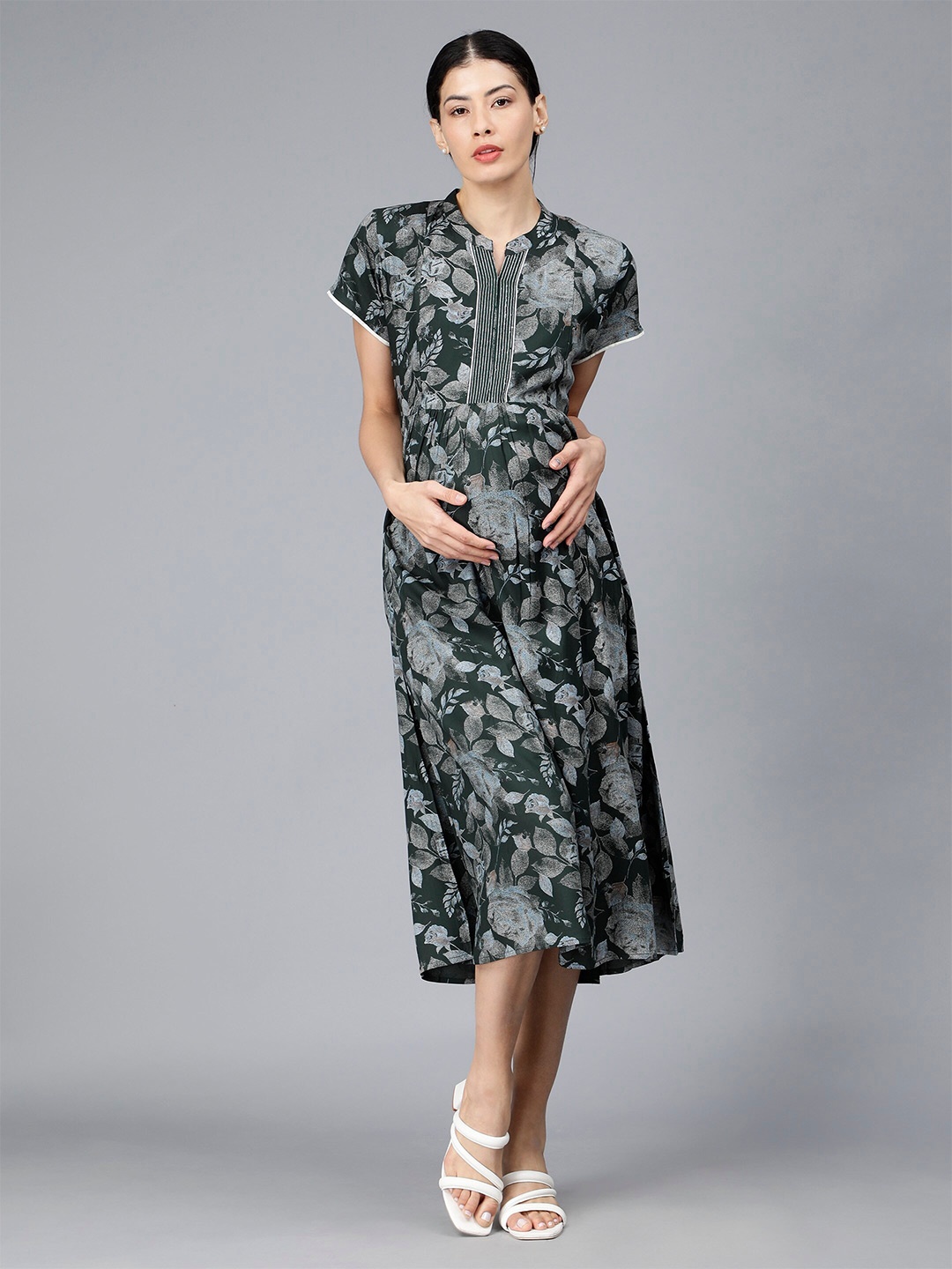 

NIGHTSPREE Floral Printed Mandarin Collar Maternity Fit & Flare Midi Dress, Green