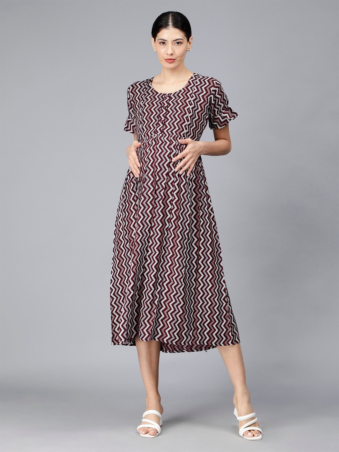 

NIGHTSPREE Geometric Printed Puff Sleeve Maternity A-Line Midi Dress, Maroon