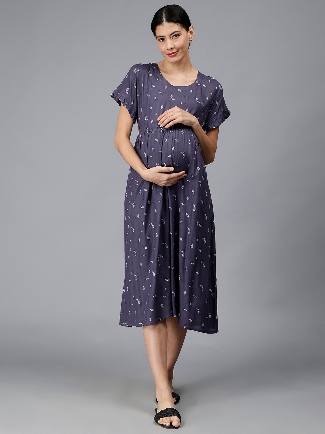 

NIGHTSPREE Ethnic Motifs Print Maternity Empire Midi Dress, Grey