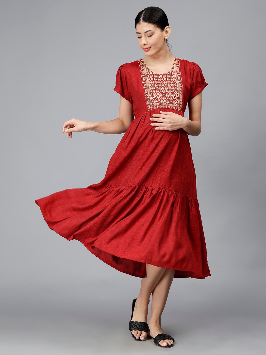 

NIGHTSPREE Yoke Embroidered Maternity Fit & Flare Midi Dress, Red