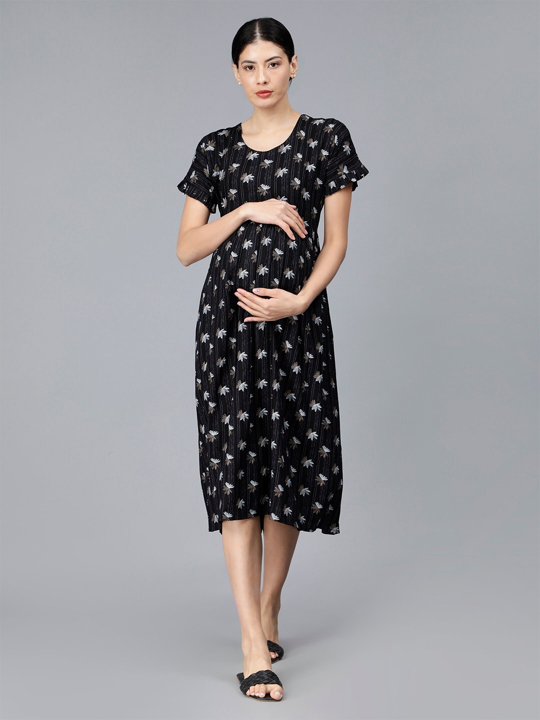 

NIGHTSPREE Floral Print Cotton Maternity Fit & Flare Midi Dress, Black