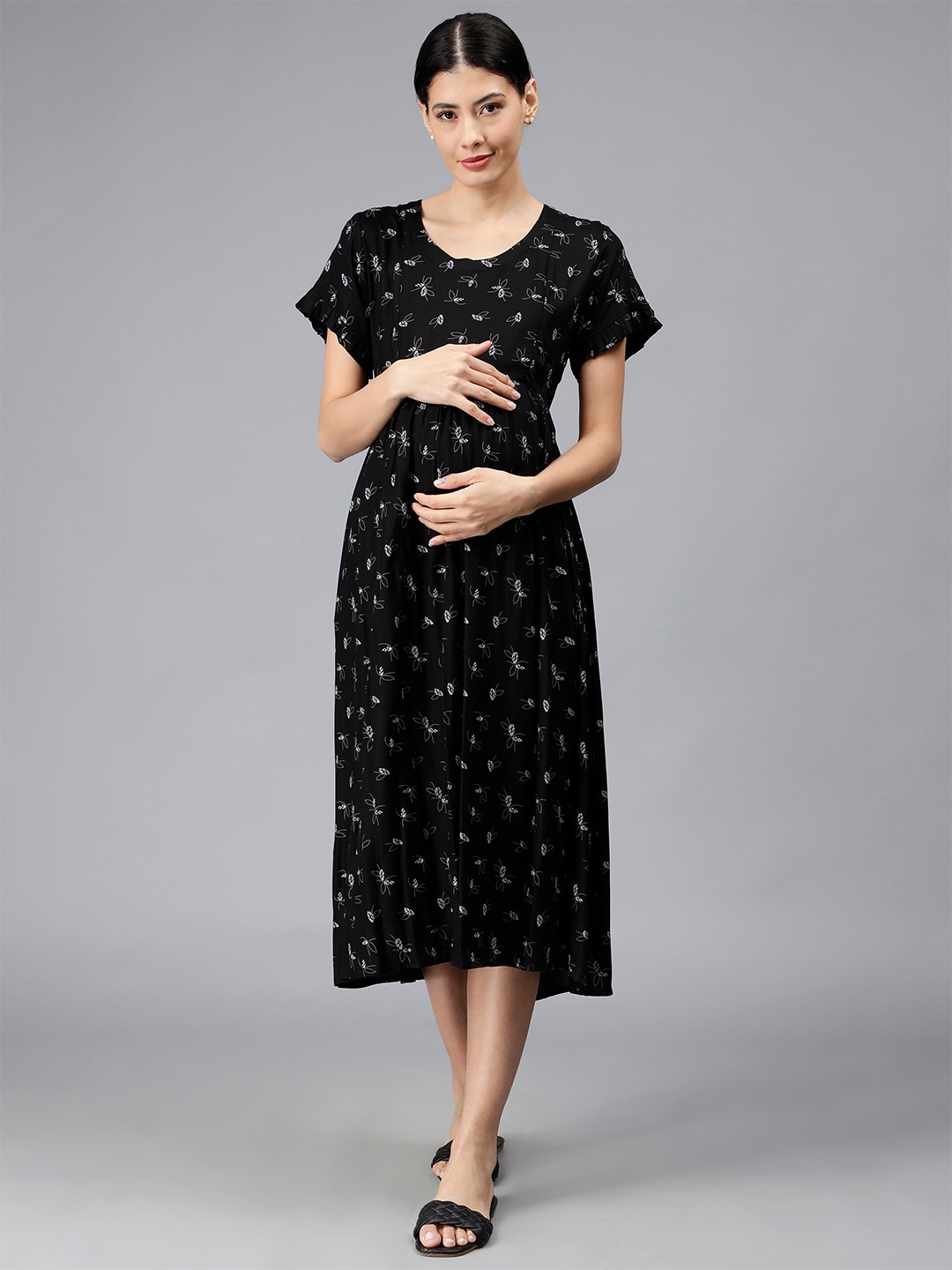 

NIGHTSPREE Print Maternity A-Line Midi Dress, Black