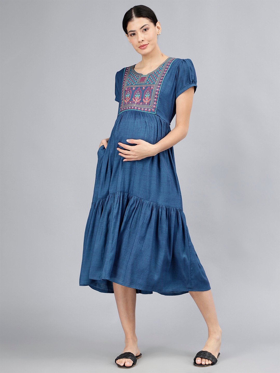 

NIGHTSPREE Yoke Design Embroidered Maternity Fit & Flare Midi Dress, Blue