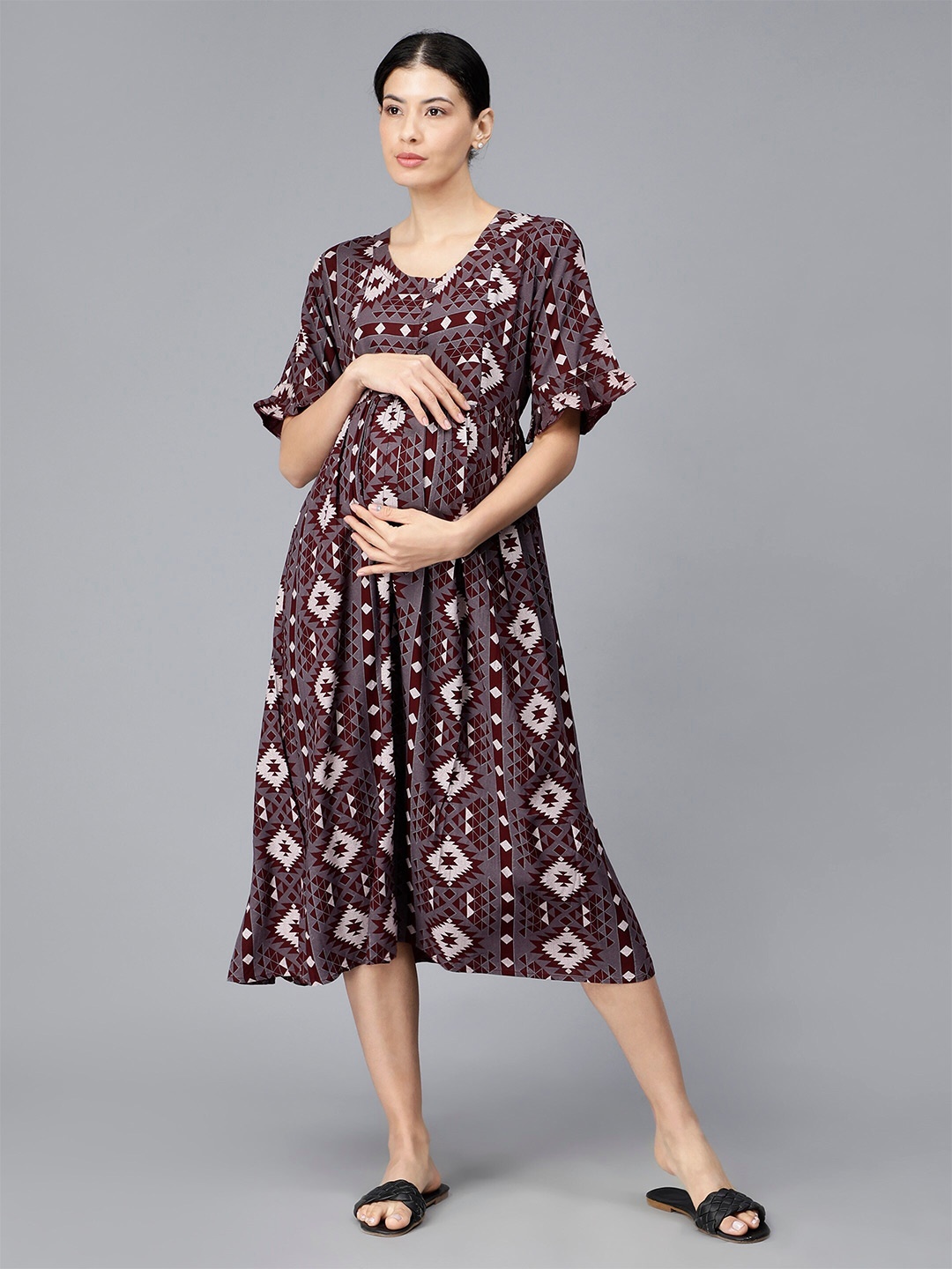 

NIGHTSPREE Geometric Printed Flared Sleeve Maternity Empire Midi Dress, Maroon