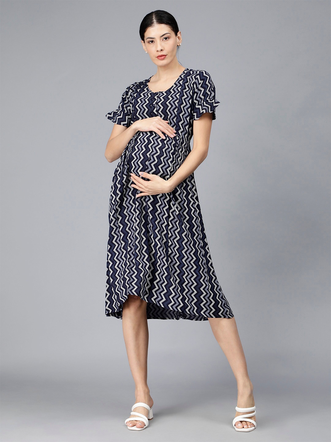 

NIGHTSPREE Geometric Print Puff Sleeve Maternity Fit & Flare Dress, Navy blue