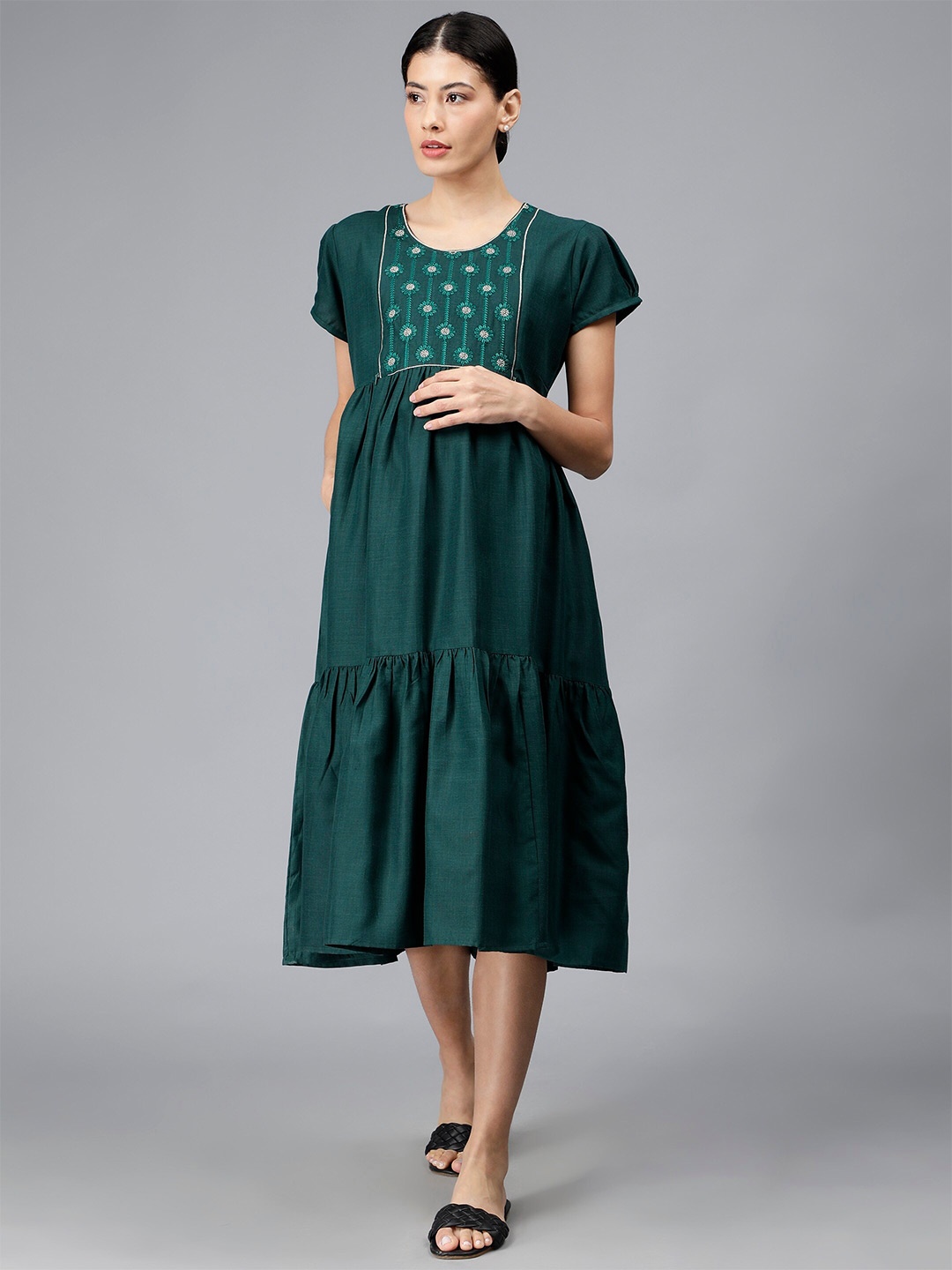

NIGHTSPREE Embroidered Maternity A-Line Midi Dress, Green
