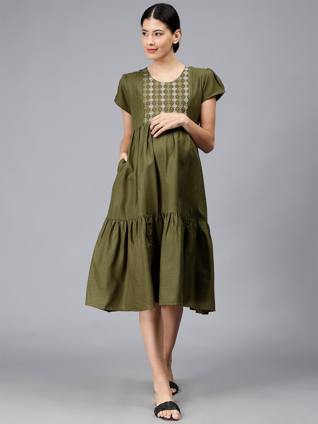 

NIGHTSPREE Round Neck Maternity A-Line Midi Dress, Olive