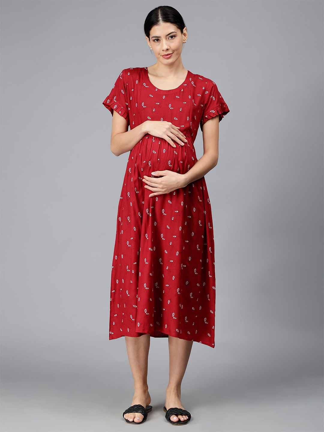 

NIGHTSPREE Floral Printed Maternity Fit & Flare Midi Dress, Red