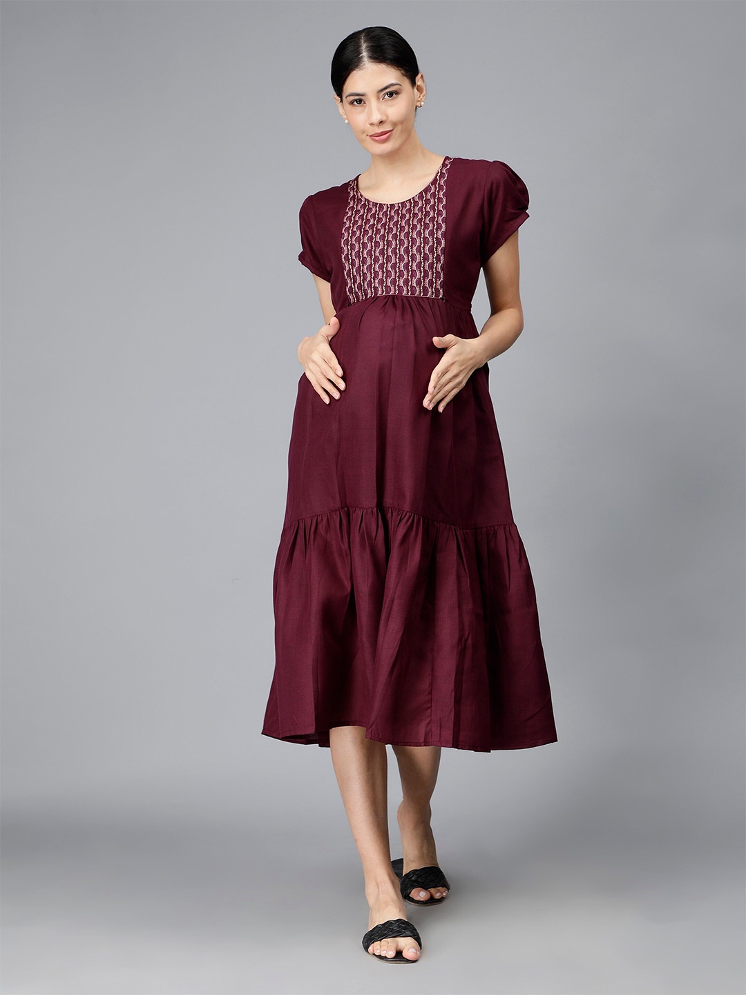

NIGHTSPREE Round Neck Maternity Empire Cotton Midi Dress, Magenta