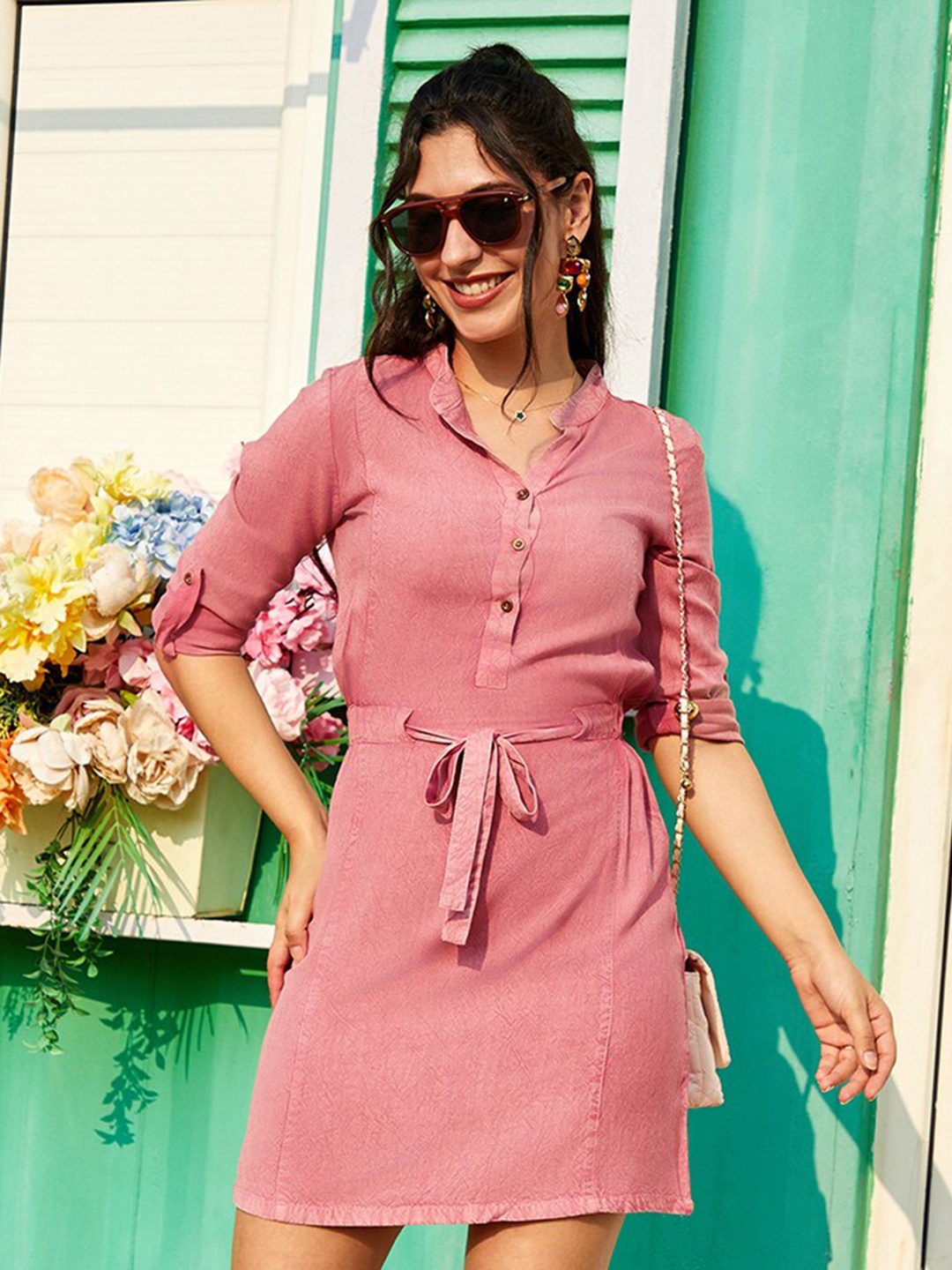 

PINACOLADA Shirt Collar Cotton Blouson Dress, Red